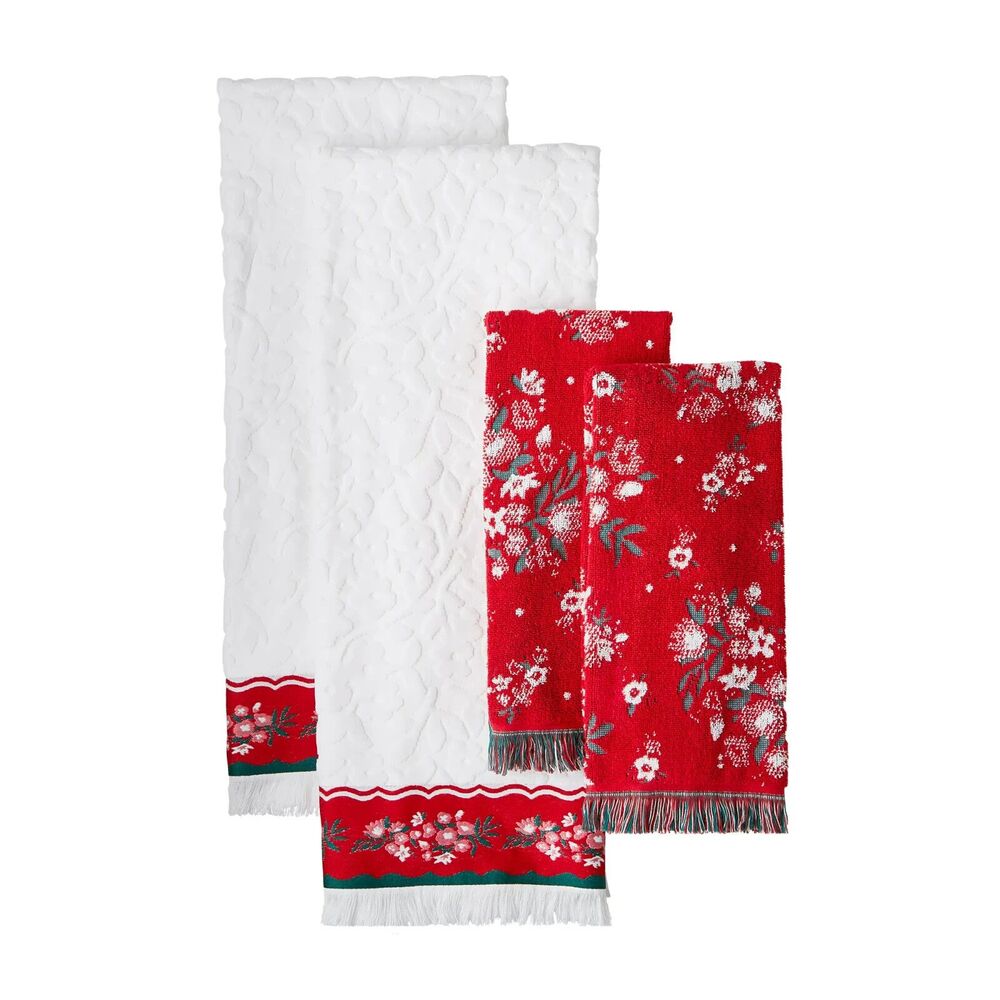 Pioneer Woman Christmas Holiday Bath & Hand Towel 4pc Set Ditsy Dot Floral Red